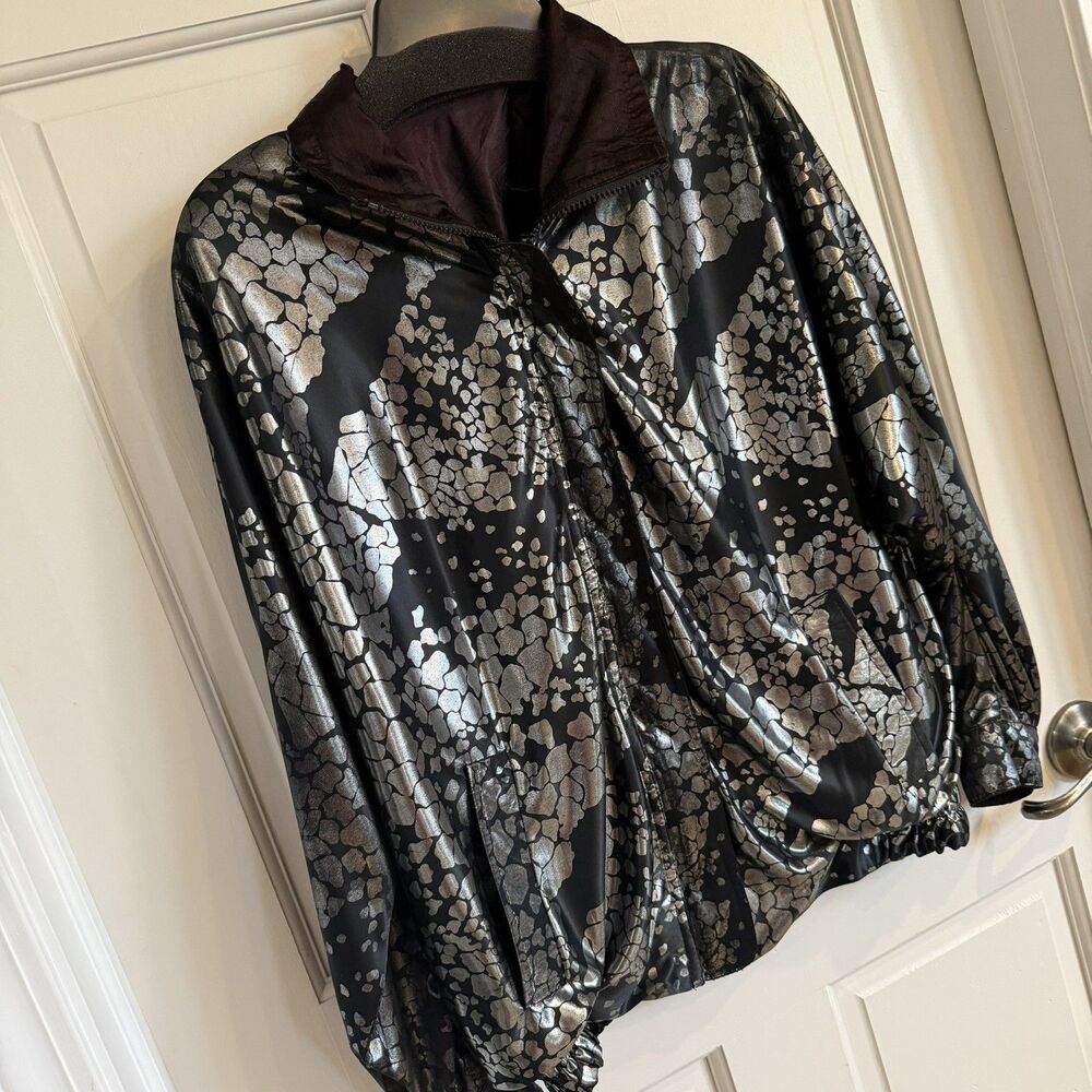Women 90’s Y2K Vintage reversible Bomber Windbreaker Black Metallic abstract M/L